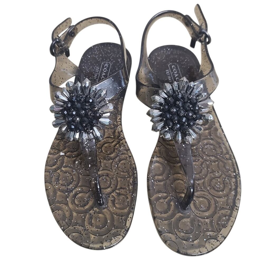 Coach Hilda Beaded Thong Jelly Sandals Gray Size 6B GUC Adjustable Strap